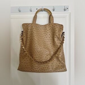 Ivanka Trump Tan Ostrich-Embossed Shoulder Bag with Gold Hardware